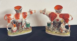 lot 127 image: Pair of Antique Staffordshire Flatback Cow and Milk Maid Vases, 8.5 Inch