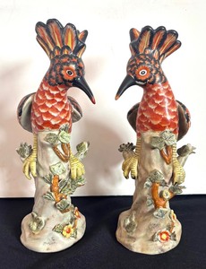 Pair of Vintage Majolica Hoopoe Bird Figurines
