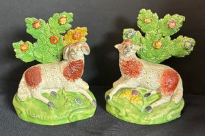lot 130 image: Pair of Antique Staffordshire Style Ram Figurines