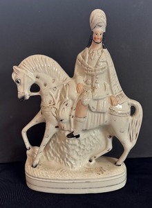 lot 133 image: Antique 15-Inch Staffordshire-Style Ceramic Scottish Rider on Horseback Figurine
