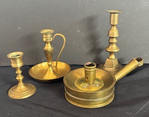 lot 140 image: Collection of 4 Vintage Brass Candle Holders Assorted Styles