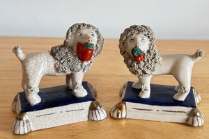 lot 16D image: Pair of Poodle 1800s Miniature Staffordshire Pottery Figurines
