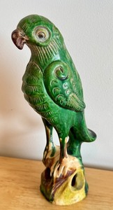 lot 19D image: Antique Chinese Sancai Parrot Figure, 10 Inch Tall Ceramic