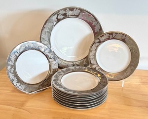 lot 112D image: Crate & Barrel Silver Leaf Platter and 10 Cake Plates