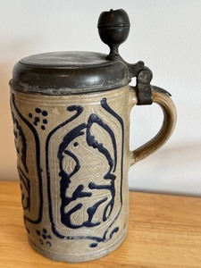 lot 119D image: Vintage German Stoneware Beer Stein with Pewter Lid, 10 Inch