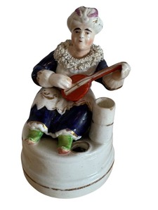 lot 121D image: Vintage 6-Inch Porcelain Staffordshire Lady Figurine Musician Figurine Quill Holder