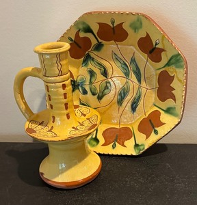 lot 164 image: Vintage Candle Holder and Plate by Turtle Creek Potters and Jamestown Settlement Potters