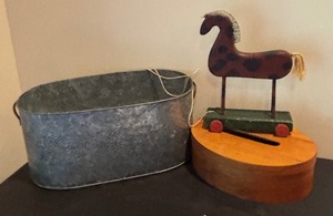 lot 165 image: Bent Wood Box, Metal Bin and Horse Decor