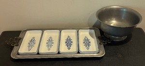 lot 178 image: Vintage Pfaltzgraff Yorktowne Pewter Divided Serving Tray and Pewter Bowl