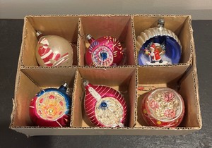 lot 164R image: Set of 6 Vintage Glass Christmas Ornaments with Hand-Painted Designs
