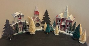 lot 124R image: Vintage Holiday Glitter Houses and Bottle Brush Trees Village Set