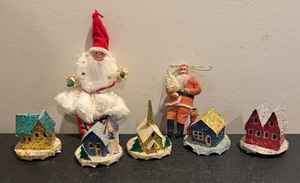 lot 203 image: Vintage Cardboard Village Houses and Antique Folk Art Santa Figurines