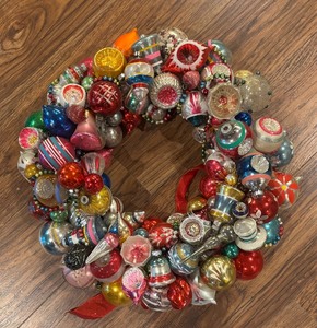 lot 20R image: Amazing and Festive Vintage Ornament Wreath Crafted with Vintage Glass Christmas Ornaments