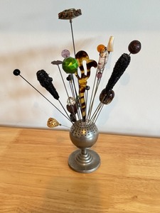 lot 9F image: Collection of Vintage Hat Pins with Metal Hat Pin Holder