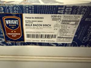 lot 22 image: H. 15lbs Bulk Bacon Natural Hickory Smoked-Wright Brand