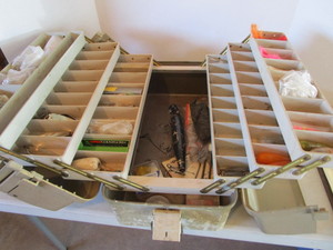 lot 63 image: Tackle box & tackle, wooden 8-12,...