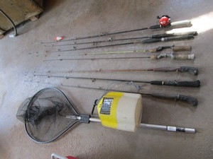lot 69 image: Rods, minnow bucket, landing net...