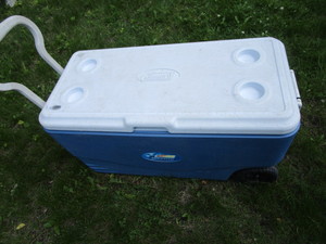 lot 83 image: Coleman cooler, rollers & handle...