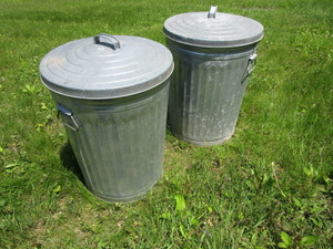 lot 85 image: Galvanized 20 gallon trash cans wit...