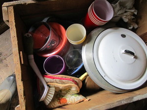 lot 152 image: Camp cooking supplies, wooden box...