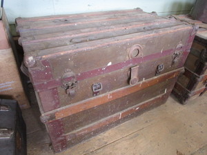 lot 199 image: Antique strap trunk, 33 x 19 x 23...