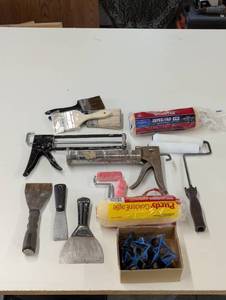 lot 52 image: Large Painter Lot - Rollers, Caulk Guns, Brushes and Scrappers - Paint Stands