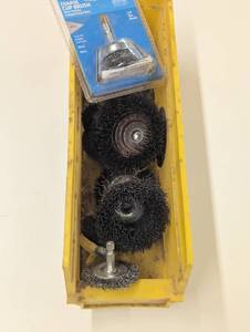 lot 22 image: Bin Full of Wire Cup Brushes, Steel Wheel, Grinding Wheels