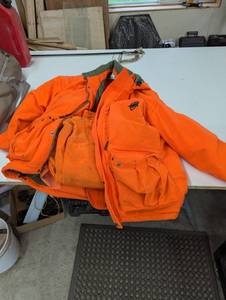lot 244 image: 2XL - Cabelas Arctic Wear - Blaze Orange Jacket with Columbia Vest and Cabelas Dry Plus XL Pants