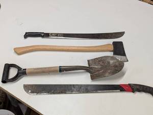 lot 220 image: 4 Piece Brush Maintenance Lot - Shovel, Axe, 2 Machetes