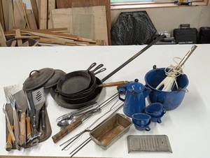 lot 213 image: Large Lot of Cast Iron and Camping Supplies