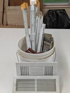 lot 141 image: Full Bucket of Hardware - Sliders, Handles, Fasteners, Vents