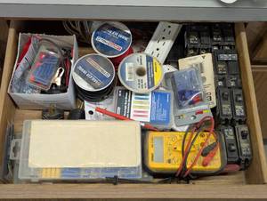 lot 145 image: Full Bin of Electrical Supplies, Testers, Tools