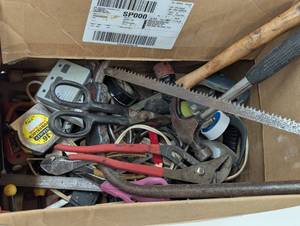 lot 127 image: Large Box of Mixed Hand Tools - Hammers. Saws, Tape measure, Snips, and More