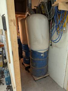 lot 368 image: Double Barrel Dust Collector - 850 CFM - Lesson - 2 55 Gallon Barrels with Rolling Dollies