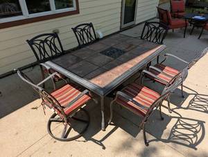 lot 357 image: 6 Piece Patio Set - 66 x 41 Table with 4 Chairs and Patio Umbrella Base - Cast Aluminum