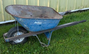 lot 303 image: Large Heavy Duty Wheel Barrel - Single Wheel - Wood Handles - Jackson - Blue