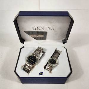lot 1 image: New His And Hers Geneva Watches Black Face Silver Band With Box