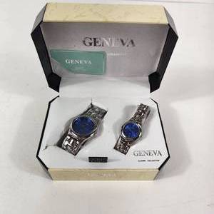 lot 2 image: New His And Hers Geneva Watches Blue Face Silver Bands With Box