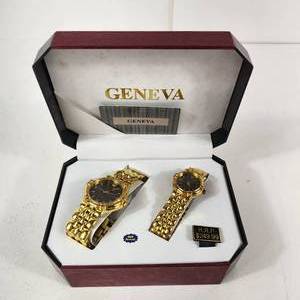 lot 4 image: New His And Hers Geneva Watches Black Face Gold Bands With Box