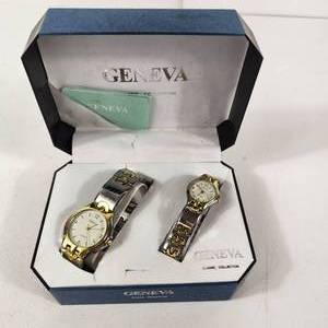 lot 5 image: New His And Hers Geneva Watches White Face GoldSilver Band With Box
