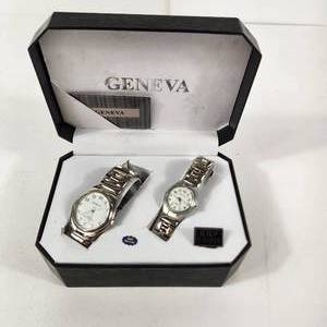 lot 6 image: New His And Hers Geneva Watches White Face Silver Band With Box