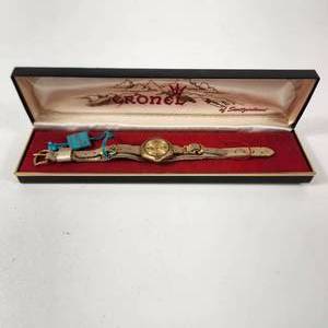 lot 9 image: Vintage Cronel Of Switzerland Womans Gold Watch Leather Band Stainless Steel Back 738