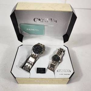 lot 11 image: New His And Hers Geneva Watch Set Black Face Silver Band Quartz Stainless Steel Back