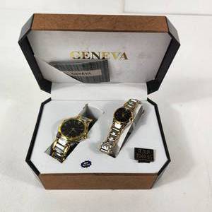 lot 12 image: New His And Hers Geneva Watch Set Black Face SilverGold Band In Box Water Resistant Quartz Stainless Steel Back