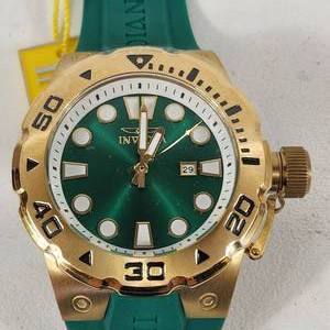 lot 24 image: New Mens INVIKTA Wrist Watch Green Face And Band Gold 36990 100M Water Resistant Japan Movement MRSP $495