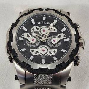 Men's INVIKTA Wrist Watch Black Face Silver Band Japan Chronograph 34221 Excellent Condition