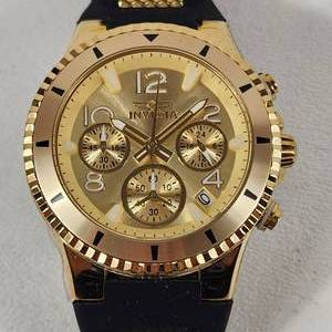 lot 27 image: New Mens INVIKTA Wrist Watch Gold Face Black Band With Date 36909 Flame-Fusion Crystal