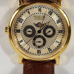 lot 39 image: Mens INVIKTA  Wrist Watch Gold With Brown Leather Band Swiss Parts Movement Sapphire Crystal 2999 Excellent Condition