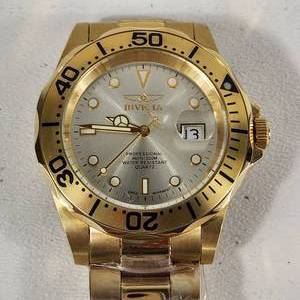 lot 43 image: Mens INVIKTA Gold Wrist Watch Silver Face With Date 2155 Water Resistant New