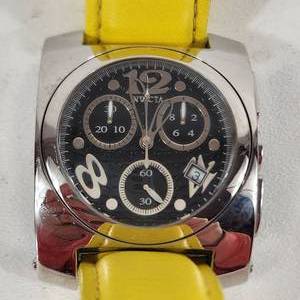 lot 64 image: INVICTA Mens Tessio 2136 Chronograph Watch Black Face Silver Face Yellow Band With Date Great Condition Needs Battery